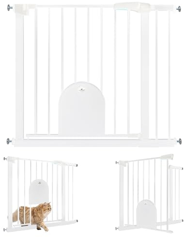 UISEBRT Treppenschutzgitter Türschutzgitter Ohne Bohren Treppengitter mit Katzentür Haustiertür, für Breiten 85-95 cm, Selbstschließend, Einhändiges Öffnen Metall Gitter, Weiß
