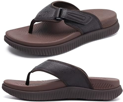 Mens Leather Flip Flops Men's Recovery Walking Sandals Orthopedic Thick Athletic Cushion Sport Slider for Man Outdoor Summer Beach Water Sandals with Comfortable Plantar Fasciitis Arch Support,9 Brown