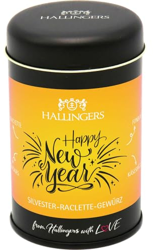 Hallingers Silvester Raclette Gewürz - Geschenk zu Silvester, Gewürz-Mischung für Käsespätzle, Fondue & Kartoffelwedges (Dose) - Geschenk im Sommer & als perfektes Grillgeschenk | Glückwunsch Ruhestan