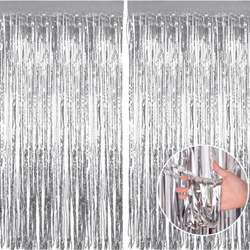 Yowlens Tinsel Curtain - 2pcs 3.2ft x 6.5ft Tinsel Curtains Pastel Foils Fringe Party Decoration Background Door Curtains Hanging Streamers for Birthday Child School Party (Silver)