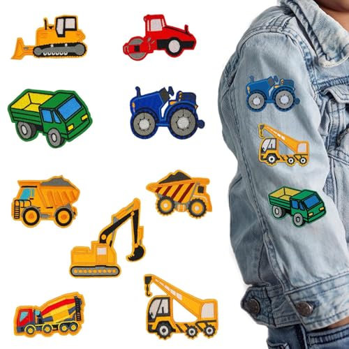 CPYJW 9 Stück Bügelflicken Kinder,Baufahrzeug Patch Kit Aufnäher Kinder Bügelbilder für Textilien Patches Zum Aufbügeln für T-Shirt Jeans Kleidung Taschen Mützen Reparieren Sie Das Loch