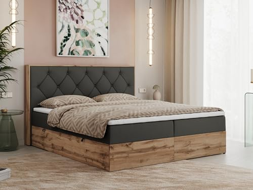 MKS MEBLE Boxspringbett 160x200 cm mit Bettkasten Wotan Eiche, Doppelbett mit Kopfteil, Matratze H4 mit Topper T25, Matratzenaufbau, Polsterbett mit Stauraum - Dunkelgrau Kunstleder - Veneto