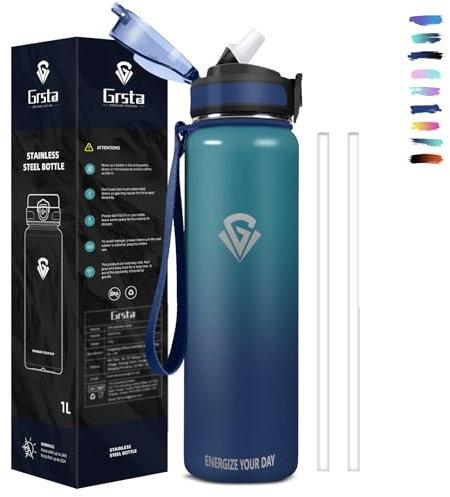 Grsta Gourde Isotherme, Gourde 1l Anti-Fuite, Gourde Paille sans BPA, Gourde Sans BPA, Gourde Reutilisable, Facile à Transporter, Bouteille d'eau pour Camping, Randonnée, Running, Vélo, Yoga, Foot