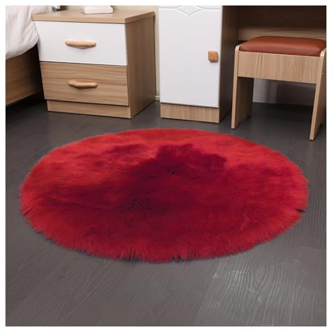 SMTCM Faux Lammfell Schaffell Runder Teppich 35 * 35cm Rot Flauschig Kunstfell Teppich Longhair Fell Weiche Nachahmung Wolle Bettvorleger Sofa Matte Rutschfester Waschbarer Plüsch Fußmatte Heim Deko