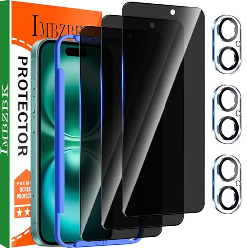IMBZBK 3 Piezas Protector Pantalla para iPhone 16 Privacidad Antiespia Cristal Templado 3 Piezas Protector Camara Accesorios, Marco de Instalación Fácil, Funda Amistoso, Cobertura Total