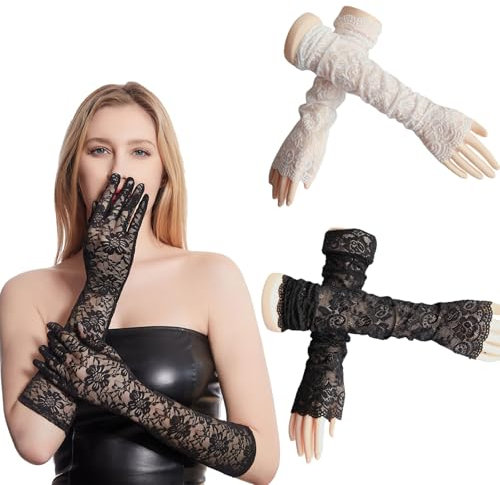 QTTRPCU 3 Stücke Lange Spitzenhandschuhe, Lang Hochzeit Braut Blumenhandschuhe, Handschuhe Spitze für 1980er Jahre Party Teeparty Kleidungszubehör (Weiß/Schwarz)