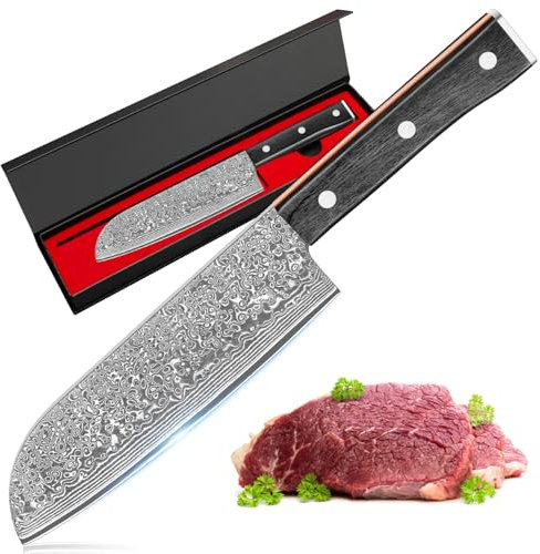 BILLION DUO Damascus Santoku Knife, Chef Knife 67 Layer Damascus Steel, 17.8 cm Sharp Blade, Kitchen Knives with Ergonomic Handle for Home Kitchen & Restaurant