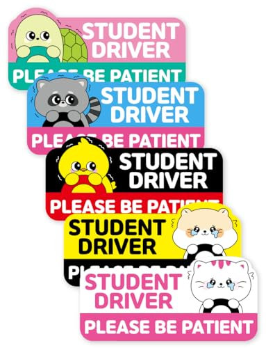 HONGSI ART Autoaufkleber Student Driver 5er Set - bunt, witterungsbeständig - rechteckig verschiedene niedliche Charaktere / Must-Have für Studentenfahrer