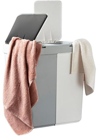 3FlexHome Double Laundry Basket with Lid - Plastic Laundry Hamper with Push Button Lid, 2 Compartments Laundry Bin to Sort Washing, Large Laundry Hamper 80L, Multipurpose Basket (Grey-White)