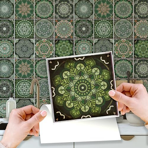 WALPLUS Lot de 24 Pièces Crédence Cuisine à Coller Stickers Carrelage 15x15 cm Amovible Carrelage Adhesif Mural Cuisine Vert Vintage Marocain Stickers Muraux Cuisine Carrelage Salle de Bain