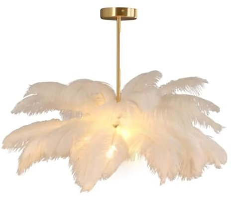 GUANSHAN Weiße Straußenfeder-Pendelleuchte Feder-Deckenleuchte Feder-Lampenschirm Kronleuchter Feder-Pendellampe Deckenlampe Deckenbeleuchtung für Schlafzimmer, Wohnzimmer
