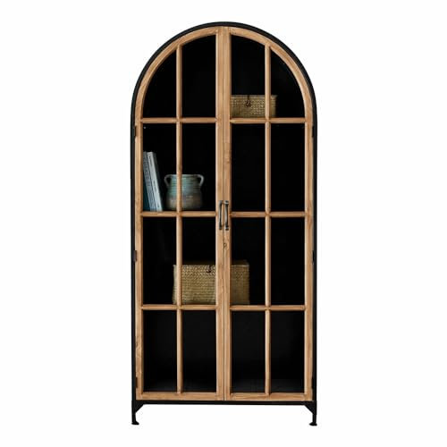 Loberon Schrank Mardilly, Vintage-Flair, Bietet viel Stauraum, Vitrinenschrank, Vitrine, Aufbewahrung, Eisen, Kiefernholz, Glas, braun/schwarz