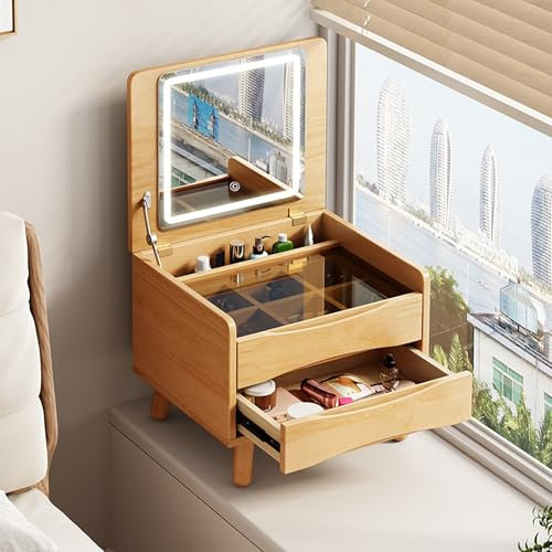 Tocador de madera maciza con espejo abatible y luces para dormitorio o ventana de bahía, escritorio de maquillaje de madera natural con amplio almacenamiento