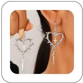 Xduargs Gotico Spine Cuore Orecchini Pendenti Argento Spada Croce Goccia Orecchini Vintage Croce Cuore Cavo Orecchini Punk Spinato Cuore Gancio Orecchini Per Le Donne