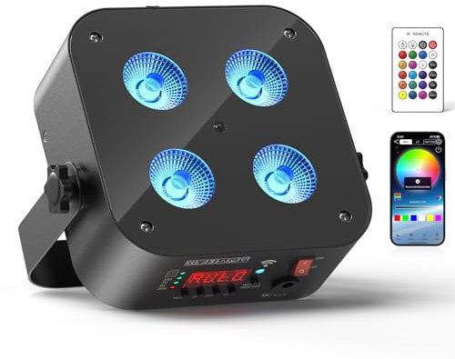 4 * 18W LED Akku Par Licht, 6 in 1 RGBWA+UV Mini Disco Partylicht, Bühneneffekt Scheinwerfer mit Batterie Fernbedienung/APP/2,4DMXSteuerung, Wiederaufladbar Geeignet für Bühne Party Geburtstag Club