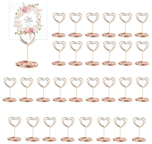 SHUOHONG 30 Stück Rosa Tischkartenhalter, Fotohalter Kartenständer, Menükartenhalter, Fotohalter mit Klammern, Memohalter, Tischkarten Halterung, für Hochzeiten, Bankette, Partys (Herzförmig)