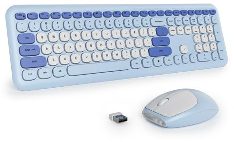 SbocKeeb Blue Keyboard and Mouse Wireless, Full-Size Cute Typewriter Silent Colorful Keyboard Mouse Combo 2.4G Cordless Connection, American QWERTY for Desktop, Laptop 666Pro-Blue