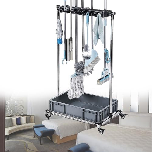 Rollender Reinigungswagen mit 10 Schlitzen, beweglicher Besen und Wischmopphalter, Waschbecken und Haken, ideal für Schulen, Krankenhäuser, Fabriken, Hotels, gewerbliche Nutzung