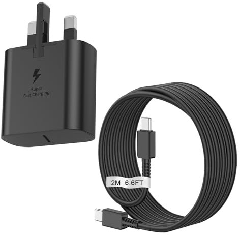 Phantom Cables 25W Super Fast Charger, USB C to C Cable (2M), Type C UK Wall Charger for Samsung Galaxy S23 Ultra, S22, S21, S20, A33, A34, A53, A54, A14, A13, Z Flip/Fold4