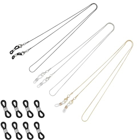 JRSHIRLEYLTD 3 StüCk Brillenketten-Halskordel, Sonnenbrillen-UmhäNgebandhalter Mit 8 Brillenringen, BrillenbäNder, UmhäNgeband FüR MäNner Und Frauen (Silber, Gold, Schwarz)
