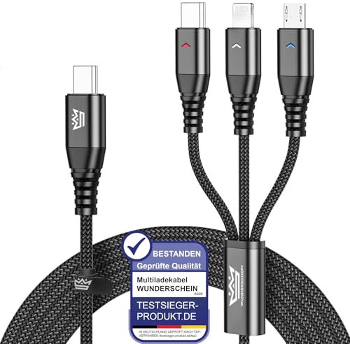 Wunderschein USBC Multiladekabel + Datenkabel [120cm] Schnell & zuverlässig für Apple, Samsung, Huawei | Kompatibel mit USB-C, Lightning, Micro | Universal Ladekabel für Handy, Tablet, Laptop & Mehr