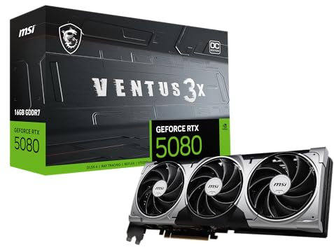 MSI Gaming RTX 5080 16G Ventus 3X OC Graphics Card (16GB GDDR7, 256-bit, Extreme Performance: 2655 MHz, DisplayPort x3 2.1a, HDMI 2.1b, NVIDIA Blackwell Architecture)