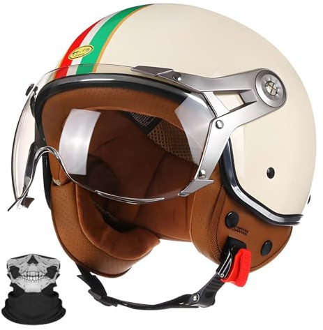 AFAGUEEUPD Motorrad-Jethelm, Halbhelm, Vintage-Retro-Stil, DOT/ECE-zugelassen, mit HD-Sonnenblende, Motorrad-Roller-Jethelm für Erwachsene, Männer und Frauen B,L