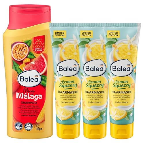 Balea 4er-Set Haarpflege: Shampoo Mango Malaga pflegt das Haar sanft & geschmeidig mit dem Duft tropischer Früchte, 300 ml + Haarmaske Lemon Squeezy intensive sommerliche Pflege, 3 x 100 ml, (600 ml)
