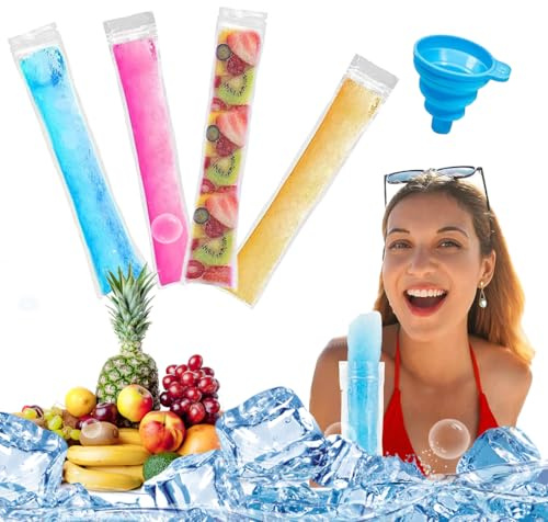 GGUFAY Lot de 100 Sacs à Popsicle, avec un Entonnoir,sans BPA,Pochettes Popsicle Moule,Pochette à Glace,Sachet Glace à L'eau,pour Yaourt Bonbons Crème Glacée Party Favors (5.5 x 28 cm)