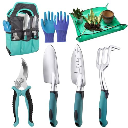 Jomdjmskes 7 Piezas Herramientas Jardineria, Mini Herramientas Mano Jardinería, Estera para Plantas Jardín, Kit de Jardinería Bolsa Jardín, Mangos Ergonómicos Juego Regalos para Mujeres y Hombres
