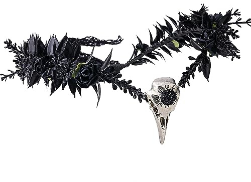 FMPXYYA Gothic Deko Kopfkranz Schwarz – Verstellbarer handgemachter Raben Totenkopf Haarschmuck mit Blumen und Blättern – Inkl. 2 Spinnen Tattoo Sticker – Halloween Kostüm Accessoire Gothic Stil Par