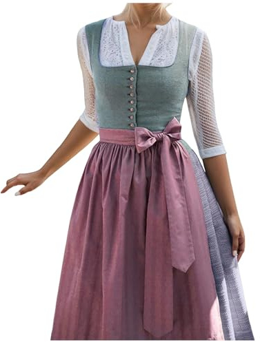 Dirndl Damen Lang, Oktoberfest Damen Outfit Dirndl mit Knöpfen Set 2 Teilig Inkl. Party Kleider Damen Elegant, Dirndl Schürze. Dirndlkleid Modern Trachtenkleid Dirndl-Komplettsets für Cosplay Party