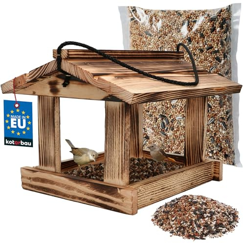 KOTARBAU® Vogelhaus zum Aufhängen - 21 x 23,5 cm - Vogelfutterhaus aus Holz - Natürlich - Vogelhäuschen - Rustikal - Vogelfutter 0,5 kg - Holzdeko für Garten