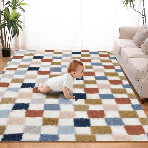 Puremy Hochflor Teppiche Wohnzimmer Flauschiger Weich, 160x220cm, Bunt | Schachbrettmuster Wohnzimmerteppich Shaggy Flur Modern Weich Teppiche für Deko/Schlafzimmer/Kinderzimmer
