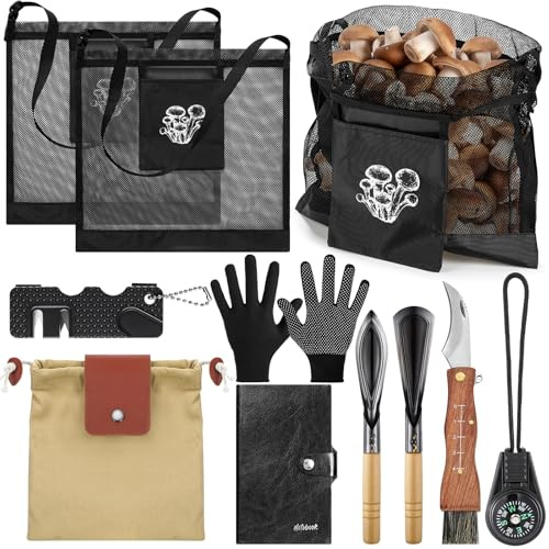 Bulyoou 9 Pcs Mushroom Foraging Kit Includes Hunting Bag, Shroom Knife with Brush, Gloves, 2 Shovel Tools, Sharpener, Waxed Canvas Foraging Bag, Notebook and Compass for Mushroom Lovers