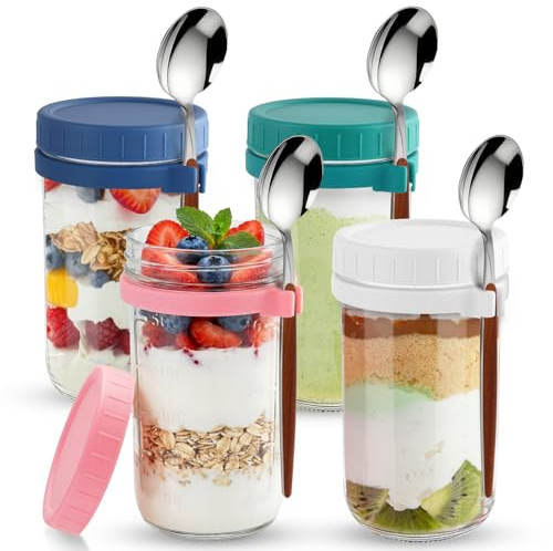 Otauoaea 4er Set Overnight Oats Gläser 600ml mit Löffel & Messmarkierungen - Overnight Hafergläser Meal Prep Gläser Aufbewahrungsglas - für Porridge, Pudding, Salat - To Go, Luftdicht