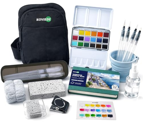 KOVIEDE Mini Wasserfarben-Set, All-in-One Aquarellfarben-Set mit 6 Aquarellpinseln, 18 Farben, 1 Umhängetasche, 1 Skizzenbuch, 1 Wasserbecher, 1 Sprühflasche, 2 Schwämmen, für Künstler und Maler