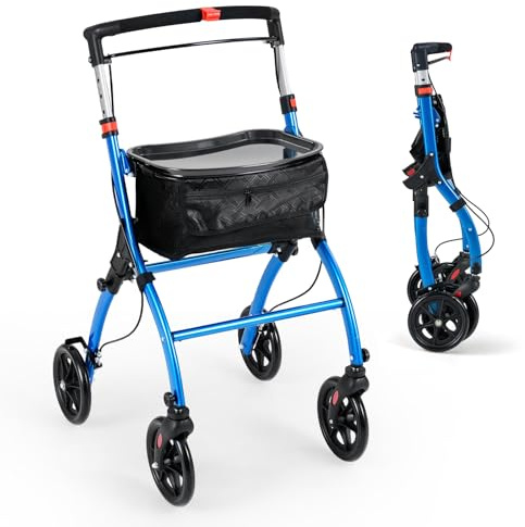 COSTWAY Foldable Rollator, Wheeled Mobility Walker with Storage Basket, Removable Tray, 4 Wheels and Brakes, Lightweight Narrow Walking Aid for Elderly Disabled (Blue)