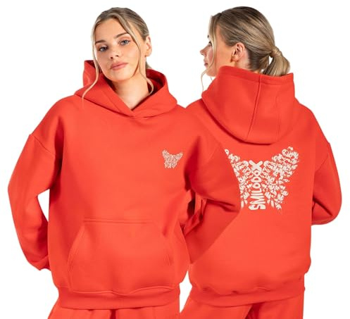 SMILODOX Hoodie Damen Nala, Oversize Fit Pullover mit großer Kapuze und Butterfly Print, bequemes Sweatshirt, weicher Flauschiger Stoff Kapuzenpullover, Idealer Sweater für Freizeit und Sport
