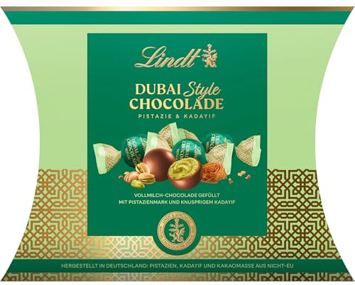 Lindt Schokolade | Dubai Style Chocolade Kissen Milch | 149g | Vollmilch-Schokoladen Kugel mit einzigartiger Füllung aus Pistazien-Creme und knusprigem Kadayif | Schokoladen Geschenk