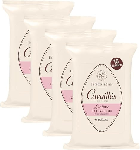 ROGÉ CAVAILLÈS | Lingettes Intimes Extra-Doux | Hygiène intime quotidienne sans rinçage | 96% d'ingrédients d'origine naturelle | Testé gynécologiquement | Lot de 4 paquets de 15 lingettes