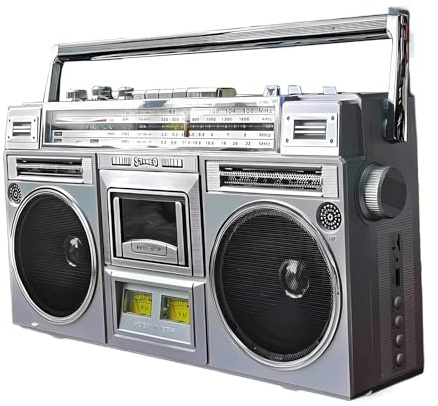 80s Style Retro Cassette Boombox with AM/FM Radio, Bluetooth, USB/SD Input - Silver, Convert Cassettes to USB/SD, Street Player