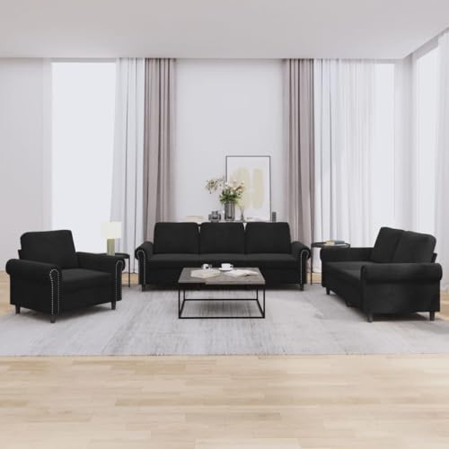 mtlskopl 3-TLG. Sofagarnitur Schwarz Samt Modernes Wohnzimmer Set mit Sessel 2-Sitzer & 3-Sitzer Couch 212x77x80 cm Robustes Gestell Bequeme Polsterung für Living Room Schlafzimmer Flur
