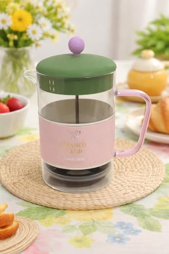 Modern Pastel Glass Cafetiere with Green Lid and Pink Handle – Stylish French Press Coffee Maker for Home, Office or Gift, Decorative Brunch-Inspired Kitchen Display – A71