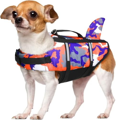 Giubbotto di salvataggio per cani con pinna di squalo, gilet galleggiante regolabile con strisce riflettenti e maniglia di salvataggio, salvagente per cani di taglia piccola, media e grande per