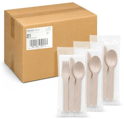 250 Compostable Wooden Cutlery Sets - 4 in 1 Fork, Knife, Spoon and Napkin | Individually wrapped natural birchwood, plastic free meal kits for takeaways, catering, events, canteens and deliveries