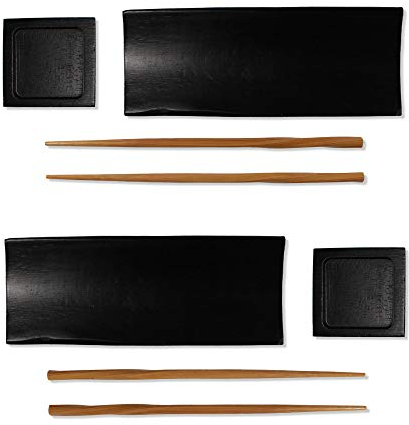 BambooMN Reusable Black Bamboo Sushi Serving Tray Set - 2 Sets