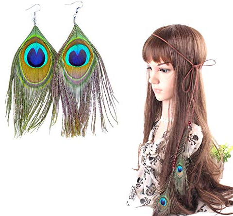 PPX Indianer kopfschmuck Feder Stirnband + 2 Ohrringe Damen Boho Haarschmuck mit Handgewebte Quasten Pfauenfeder Holzperle Einstellbar Haarband Kopfschmuck Federschmuck