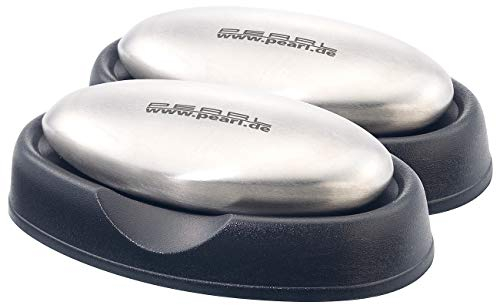 PEARL Metallseife: 2er-Set Geruchs-neutralisierende, gebürstete Edelstahl-Seife,mitAblage (Antigeruch-Seife, Geruchsneutralisator, Desinfektion)