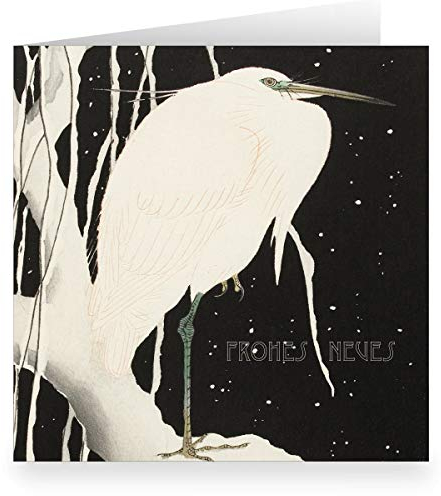 Kartenkaufrausch Exklusive, quadratische Weihnachtskarte (quadratisch, 15,5x15,5cm mit Umschlag) im japanischen Stil mit Reiher im Schnee: Frohes Neues - Silvesterkarte zu Neujahr